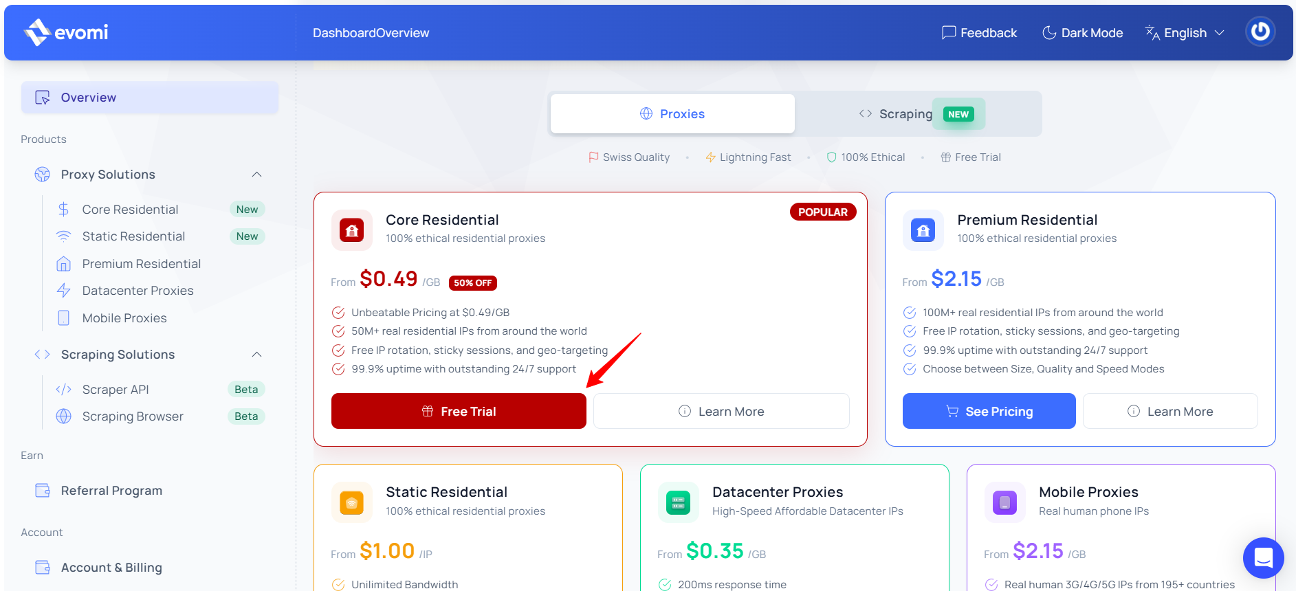 screenshot of Evomi dashboard 