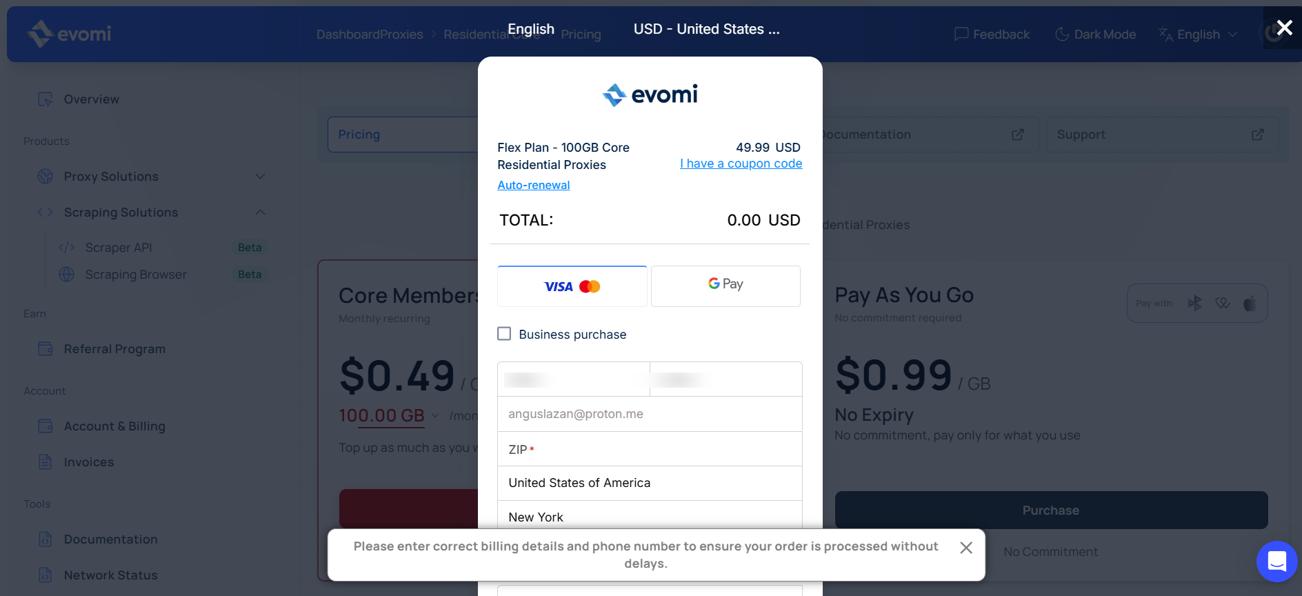 screenshot of Evomi payment methods 