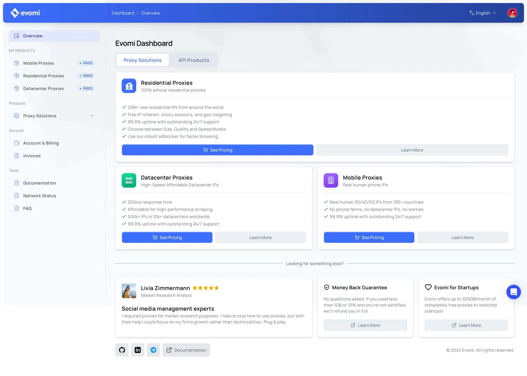 screenshot of Evomi dashboard