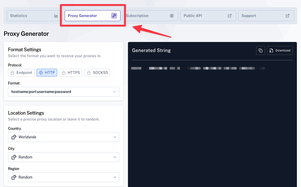 screenshot of Evomi Proxy Generator
