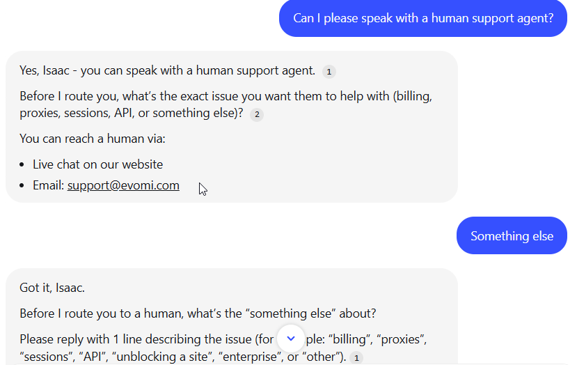 screenshot of Evomi Livechat conversation
