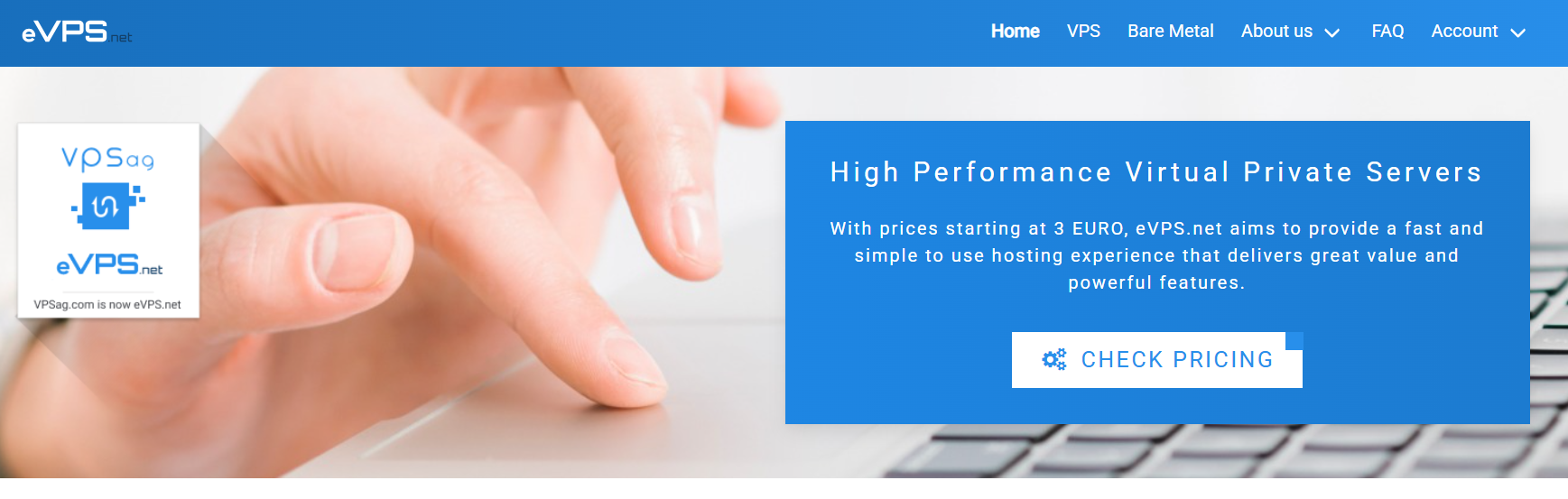 eVPS.net website with VPS Hosting section in the main menu