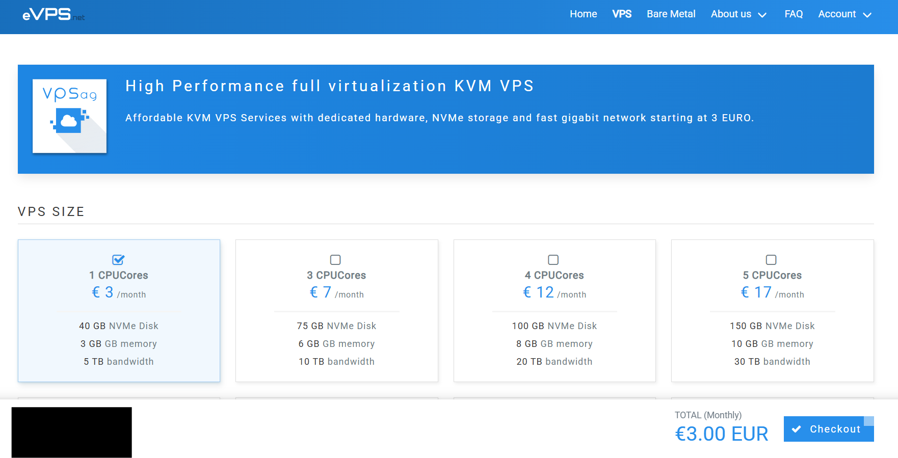 eVPS.net VPS plan selection page with highlighted plan and Checkout button