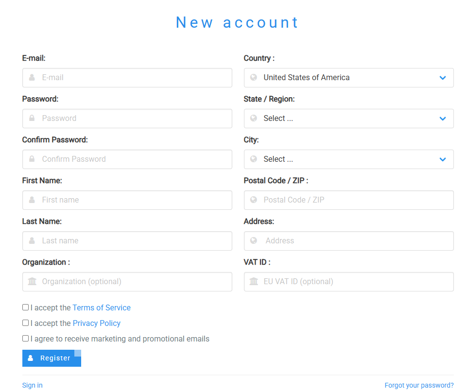 eVPS.net account registration form with personal details fields