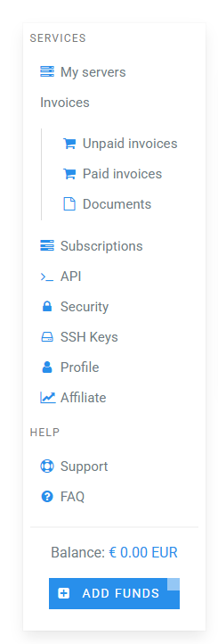eVPS.net account dashboard showing balance and Add Funds button