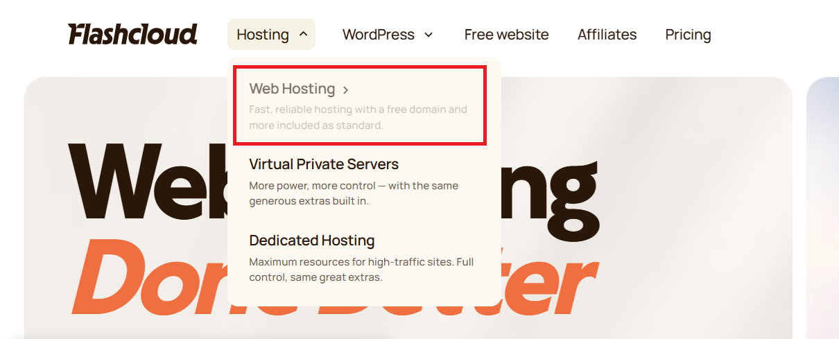 Flashcloud 主機選單,已選擇 Web Hosting 選項
