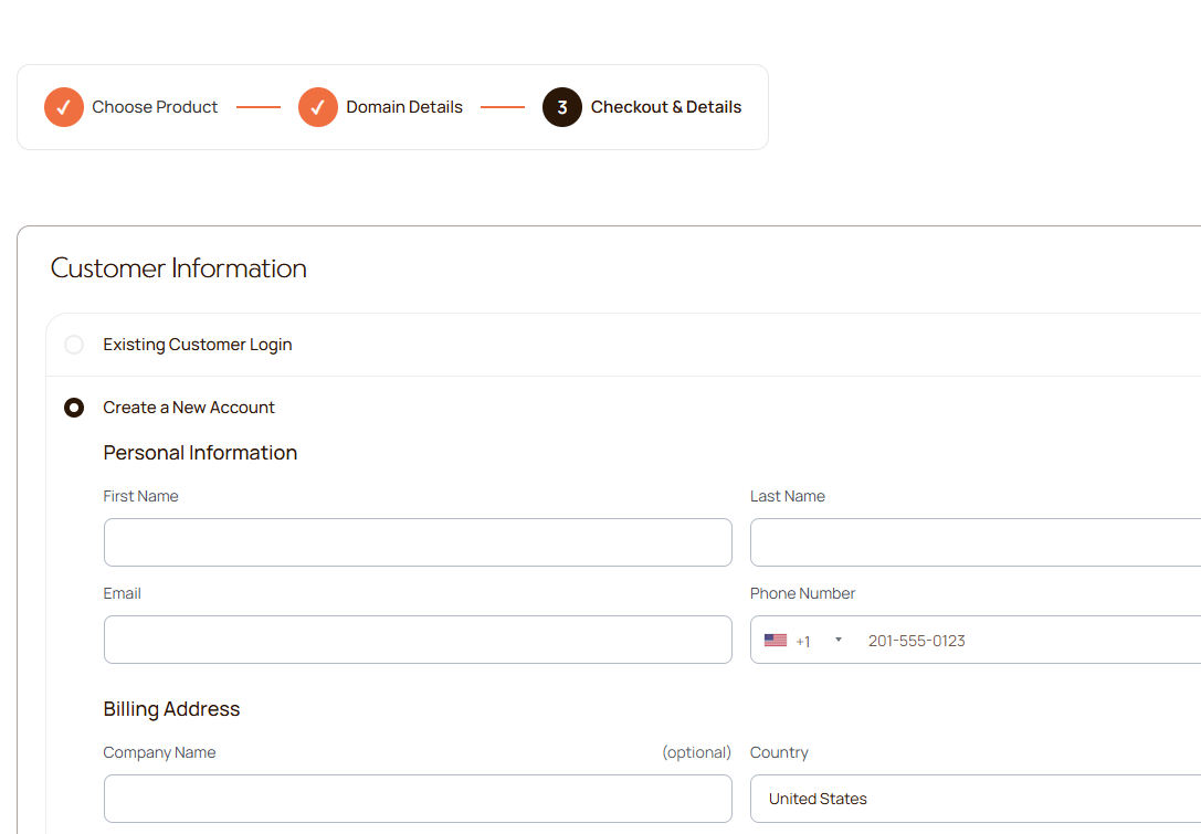 Flashcloud 結帳詳情頁面,用於帳號創建及客戶登入