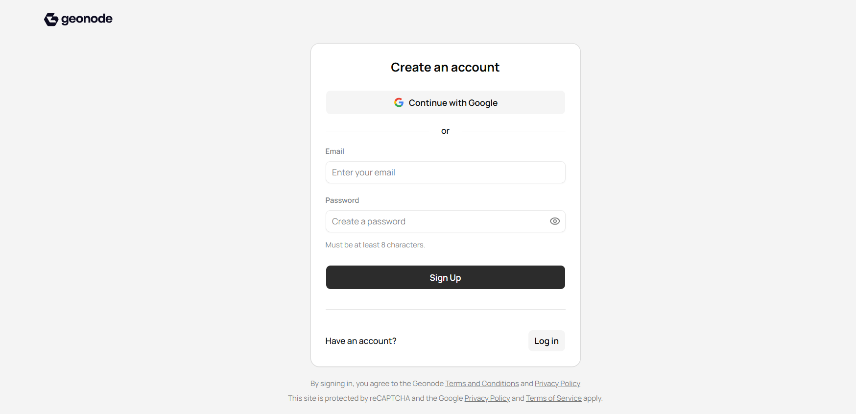 screenshot of Geonode sign up form