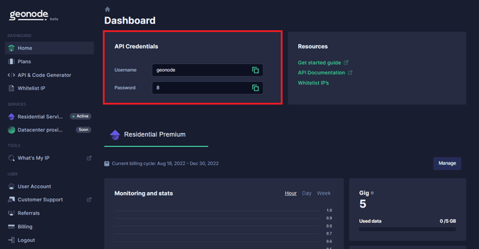 screenshot of Geonode API Credentials