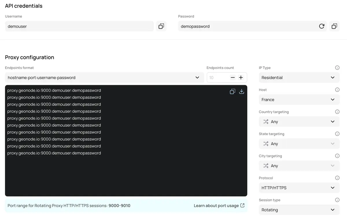 screenshot of Geonode API Credentials