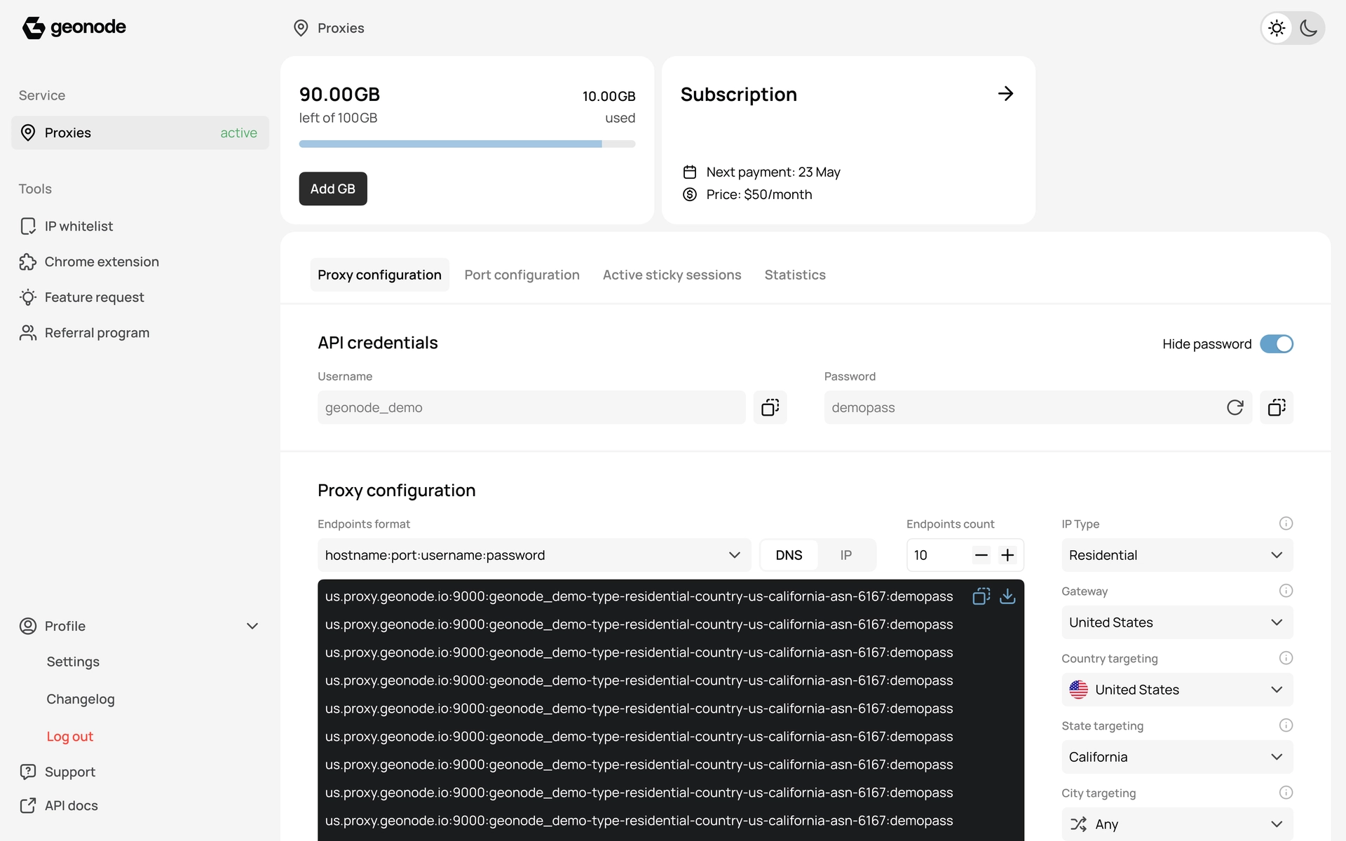 screenshot of Geonode Proxies