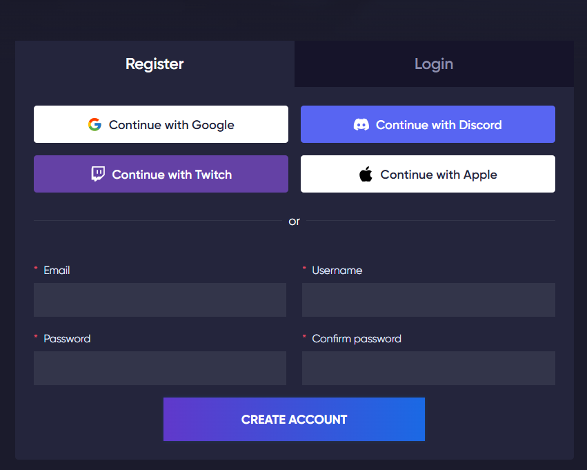Godlike account creation page with social login and manual registration form