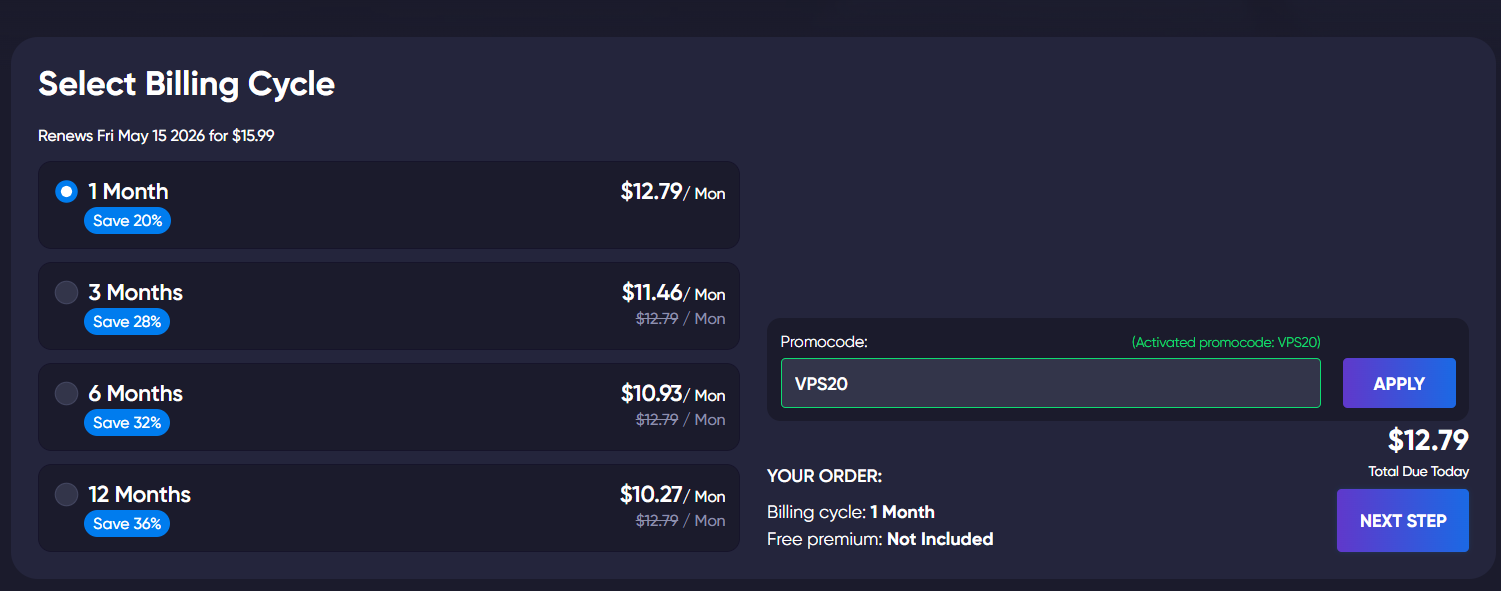 Godlike checkout page with billing cycle selection and promocode field