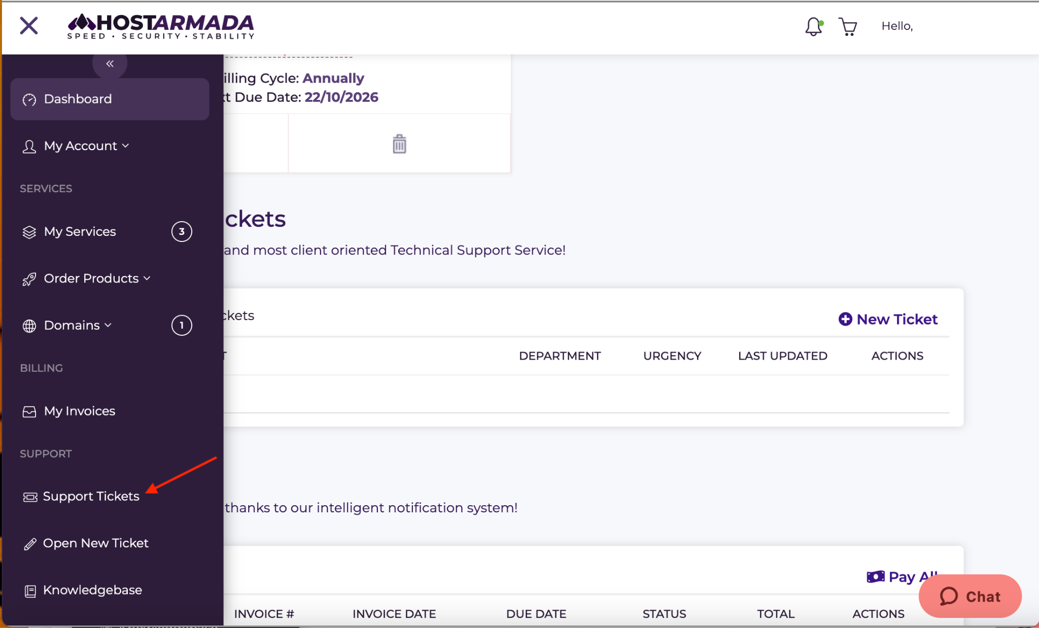 HostArmada client area open new ticket menu