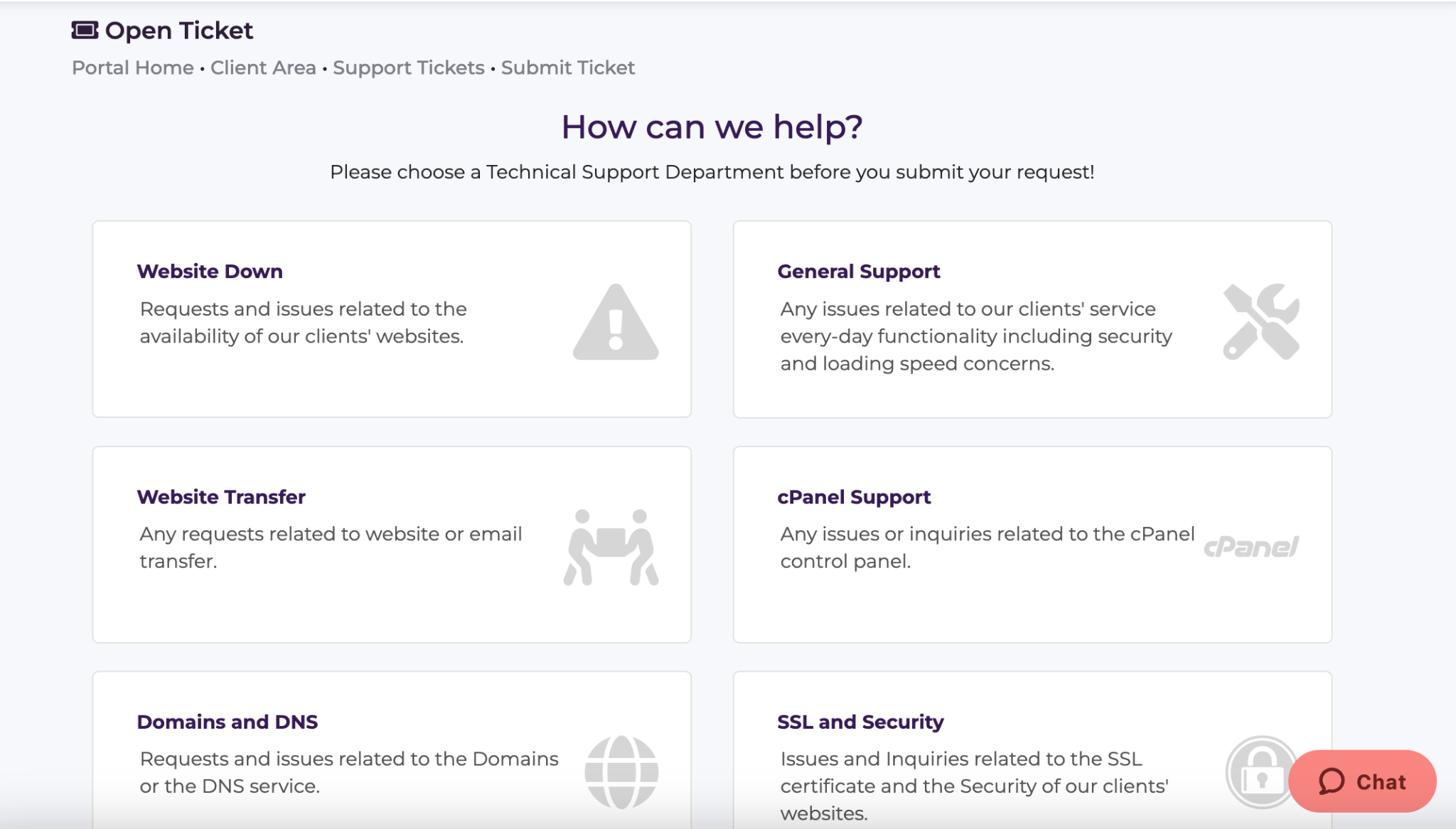 HostArmada support department categories