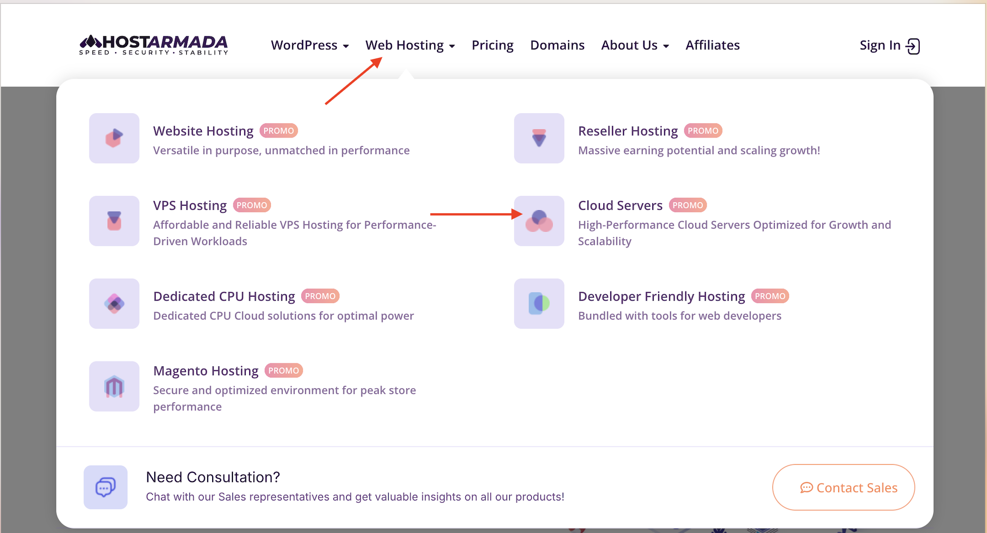 HostArmada navigation menu showing Cloud Servers option