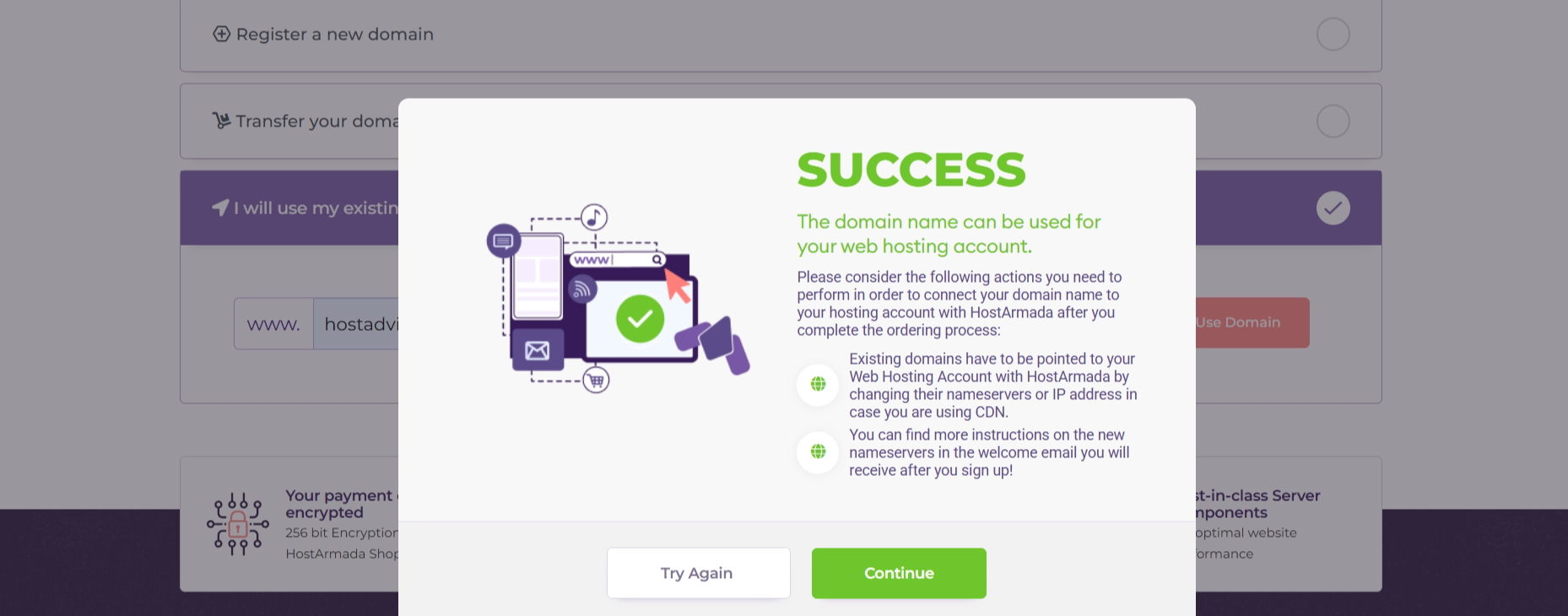 HostArmada domain confirmation message