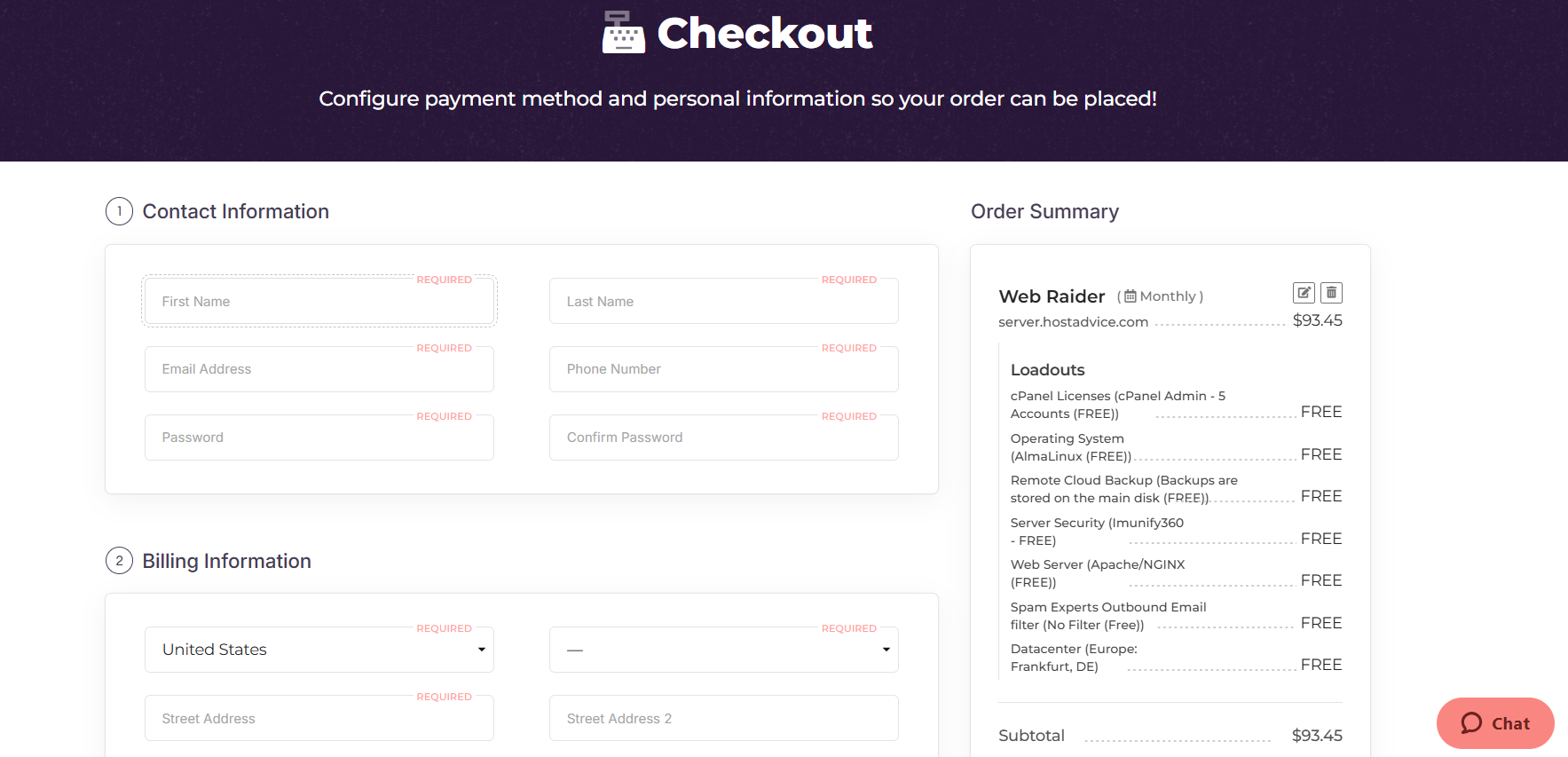 HostArmada checkout page layout