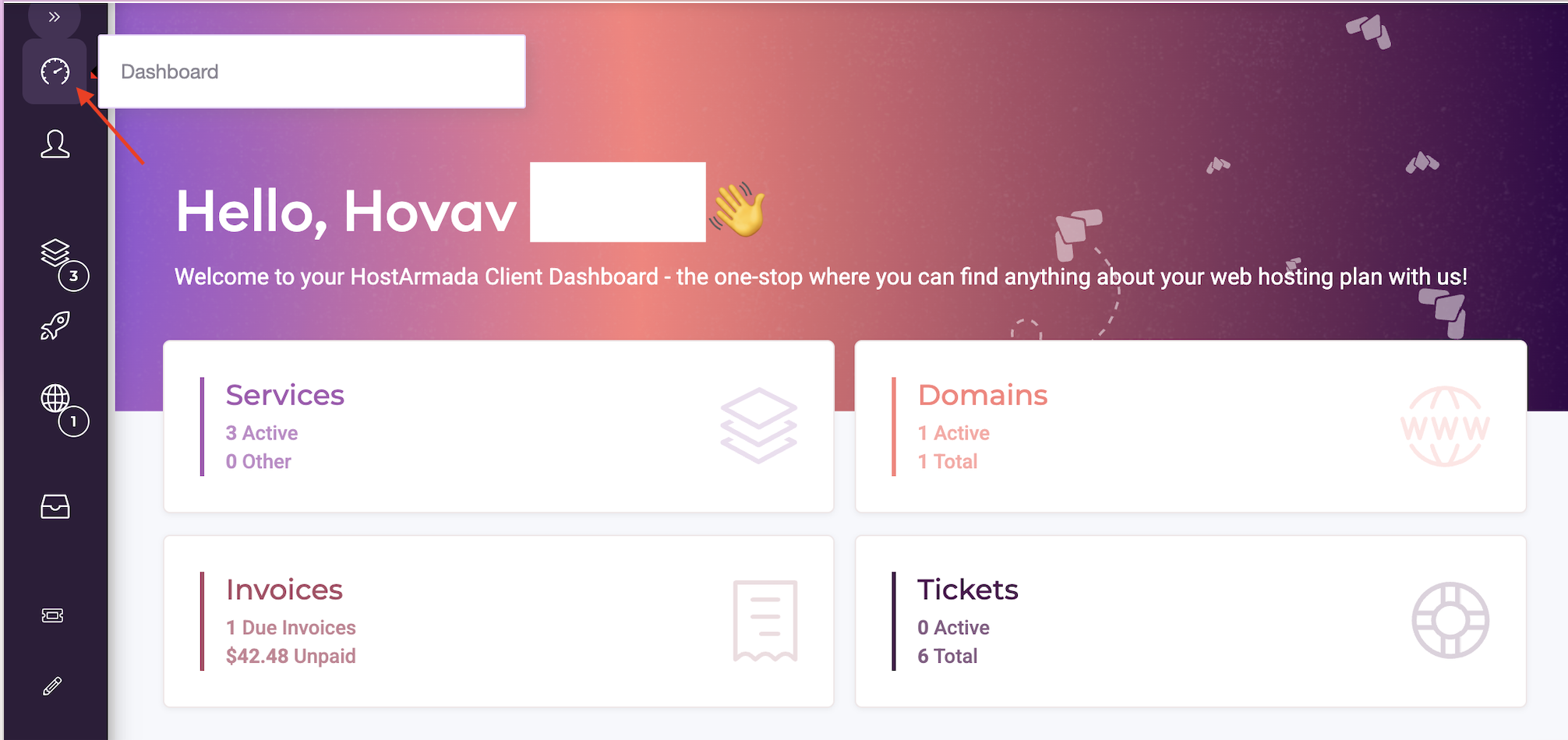 HostArmada client area dashboard overview