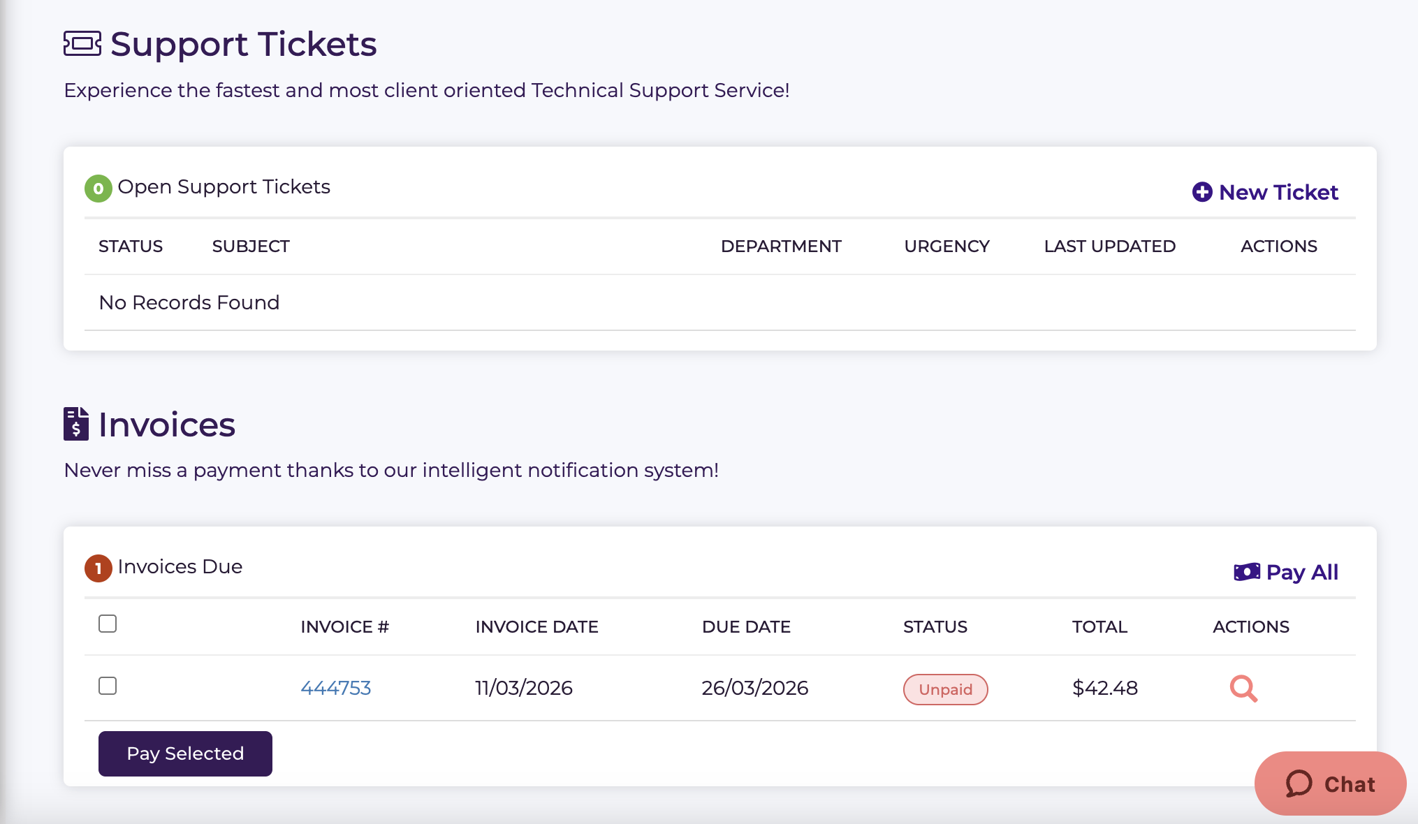HostArmada support tickets and invoice summary