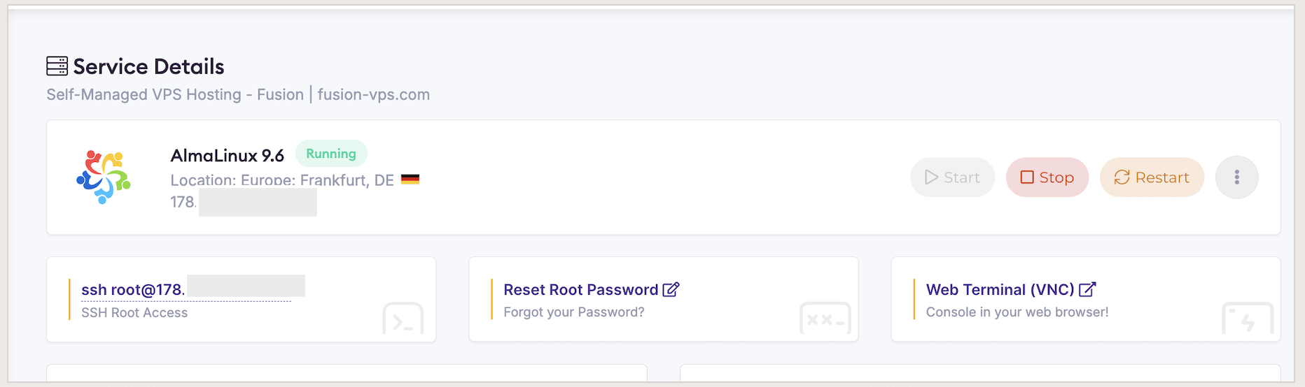 HostArmada VPS management tools including SSH and VNC