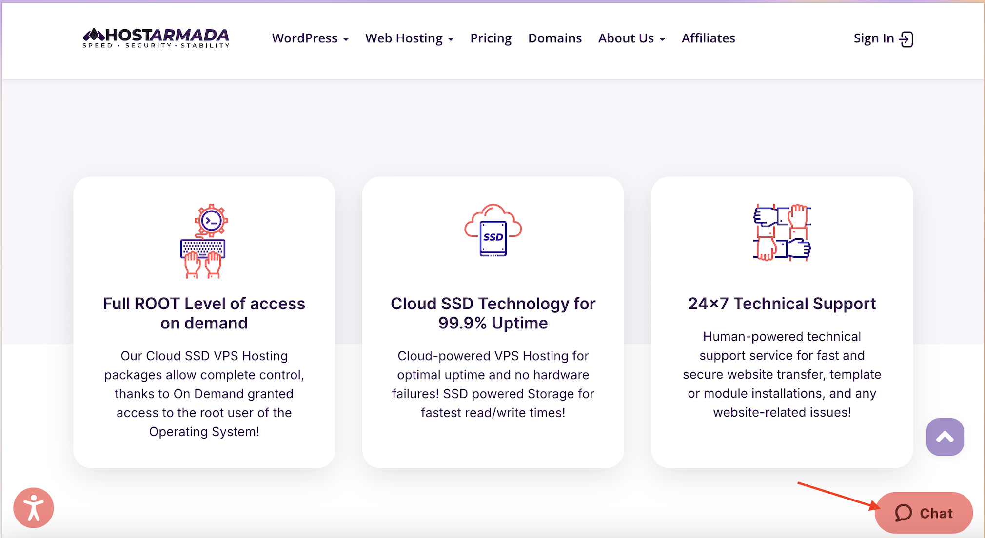 HostArmada homepage chat button