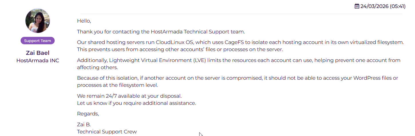 HostArmada support ticket reply explaining CageFS and CloudLinux account isolation