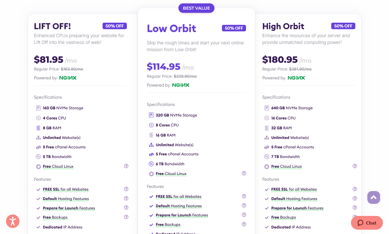 HostArmada dedicated server plan comparison page showing Lift Off, Low Orbit, and High Orbit plans