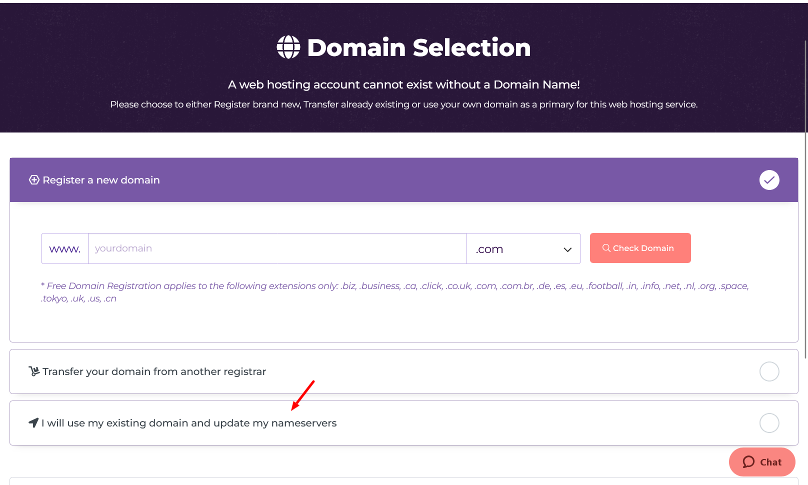 HostArmada domain selection step during dedicated server checkout
