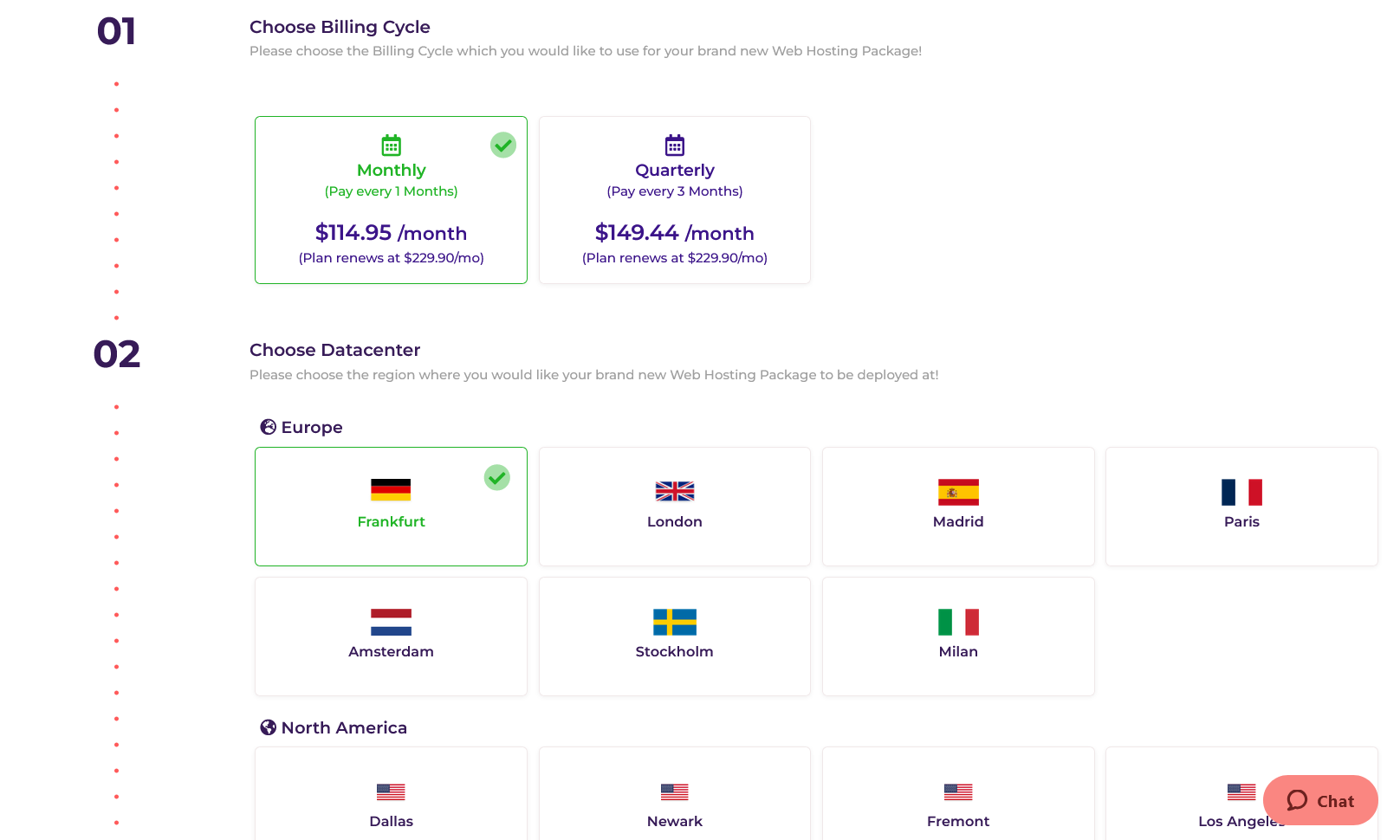 HostArmada dedicated server datacenter selection screen with Frankfurt chosen