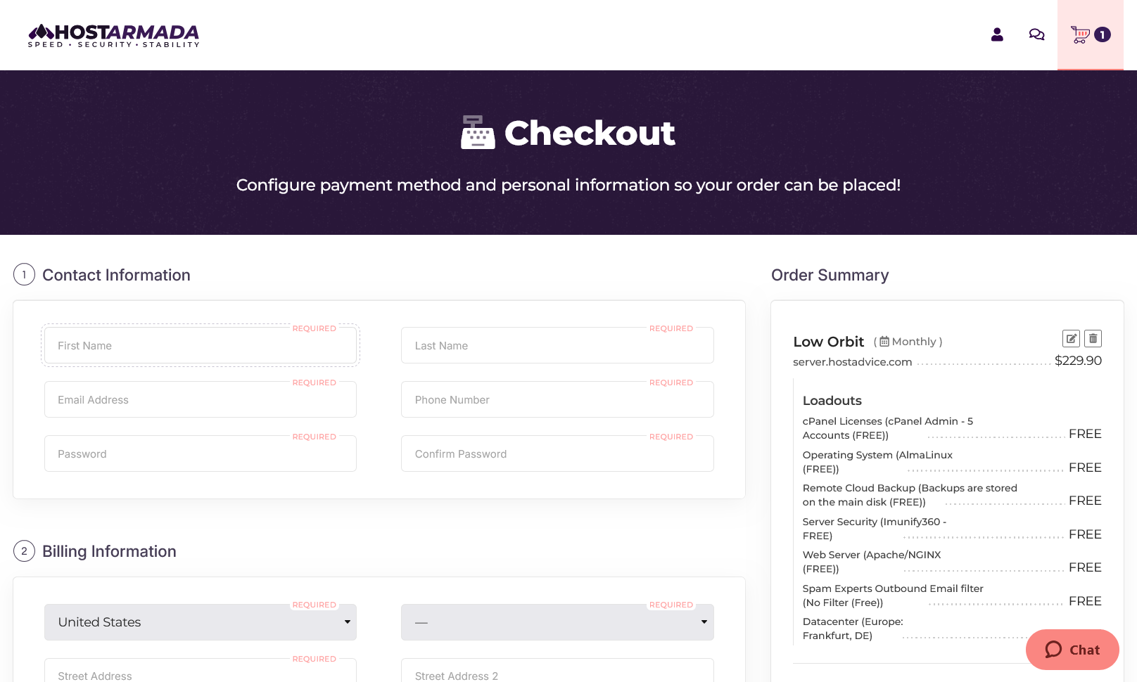 HostArmada dedicated server checkout page with order summary and payment options