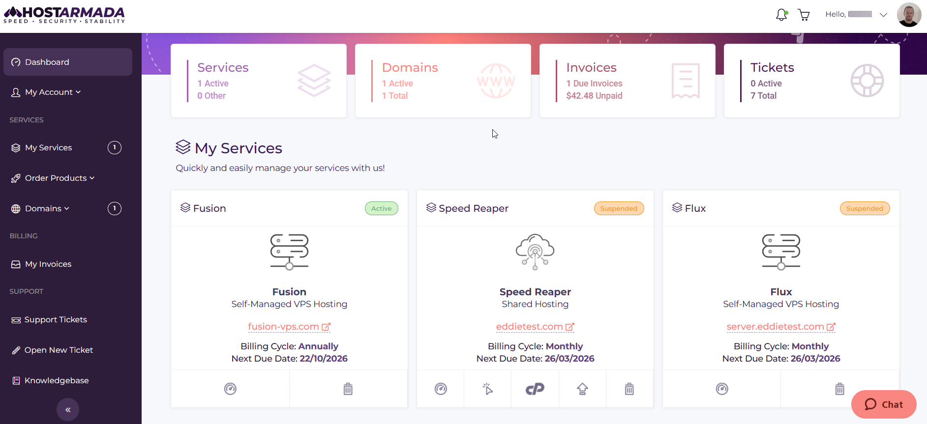 HostArmada client area dashboard with services tickets and billing overview