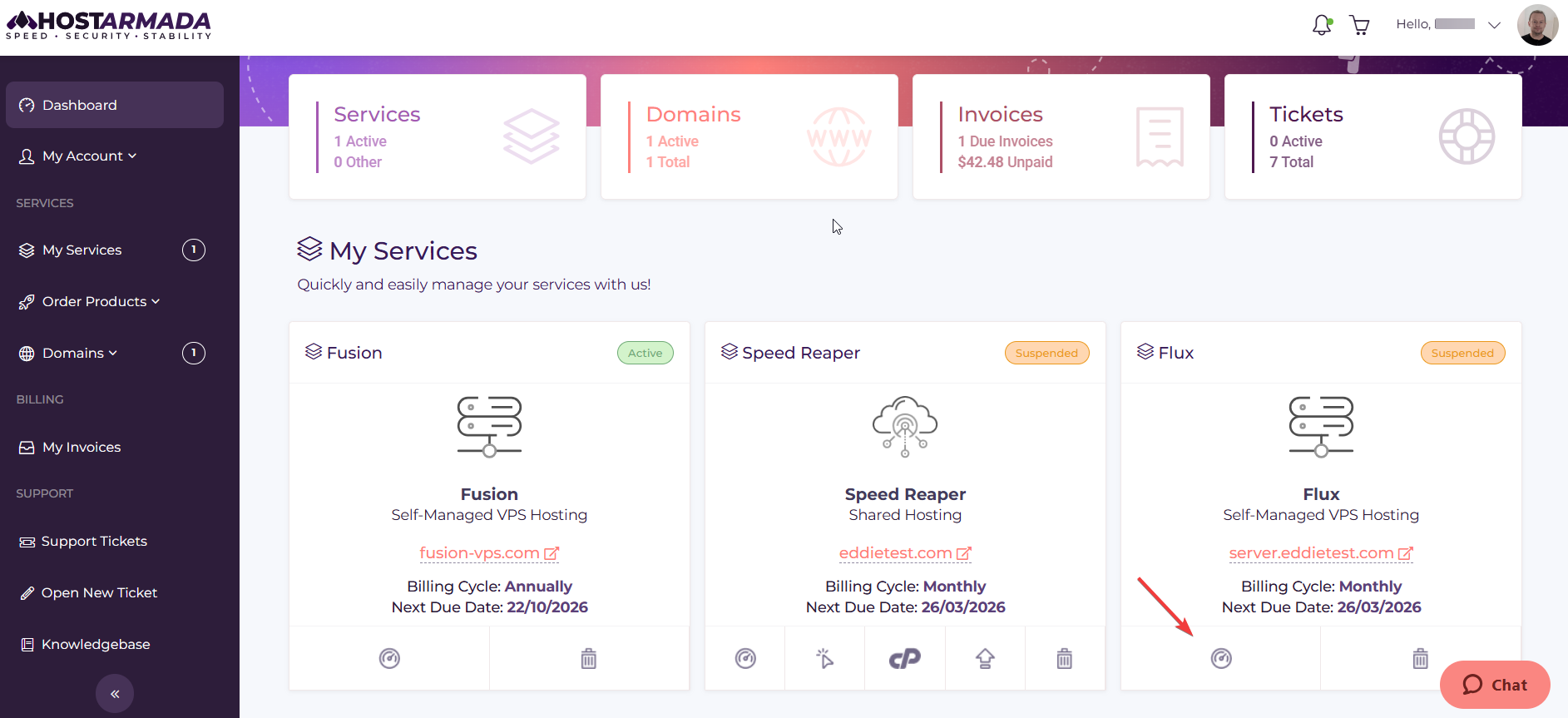 HostArmada dedicated server management overview page