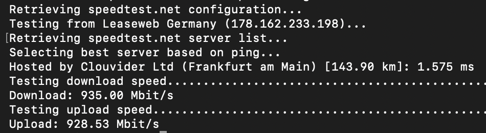 HostArmada dedicated server network speed test results in Frankfurt