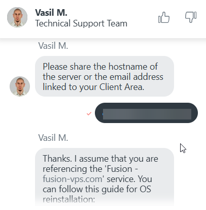 HostArmada live chat response about dedicated server operating system reinstallation