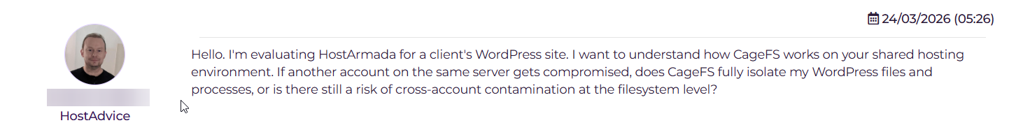 HostArmada support ticket submission for a security and isolation question
