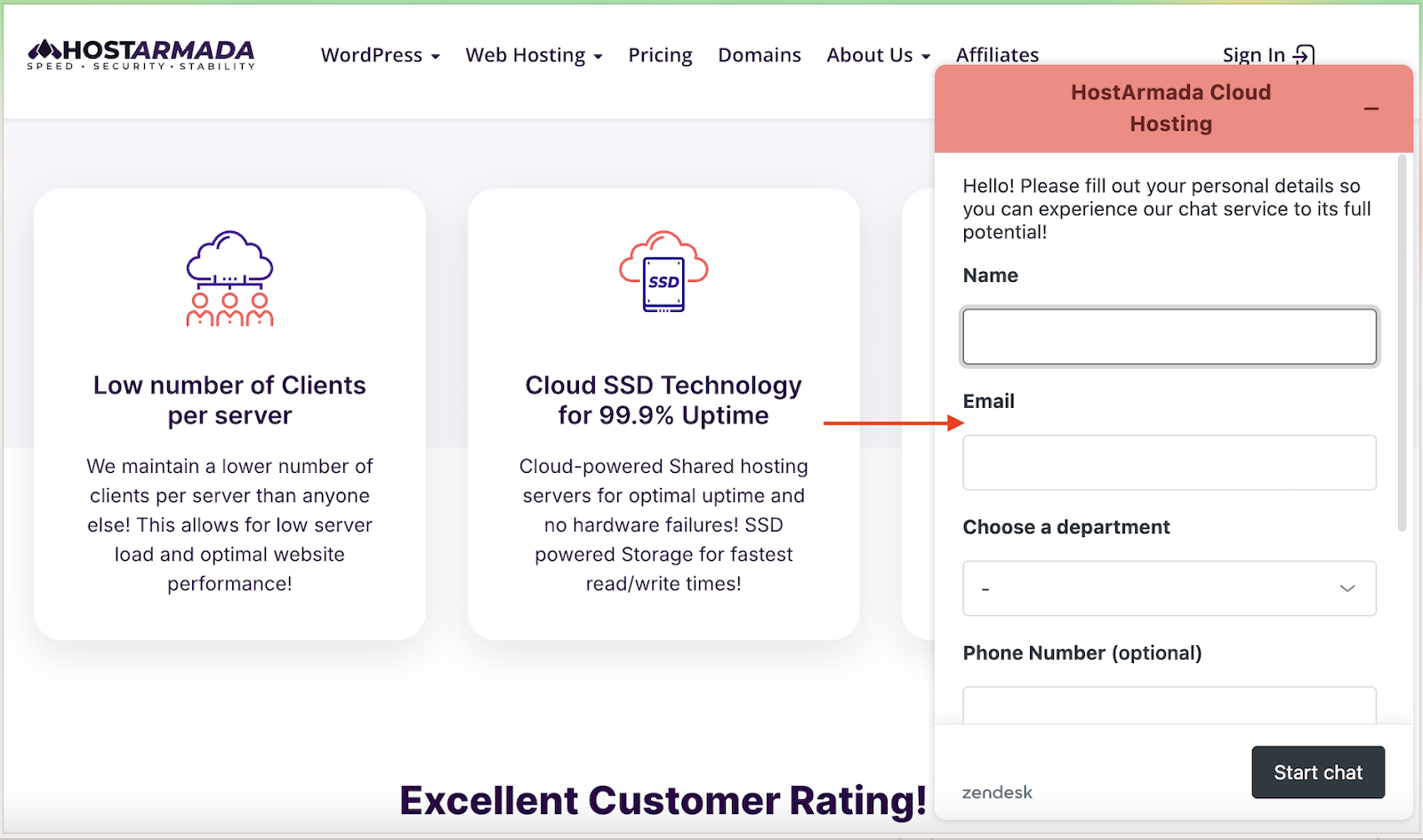 HostArmada live chat pre-chat form for reseller hosting support