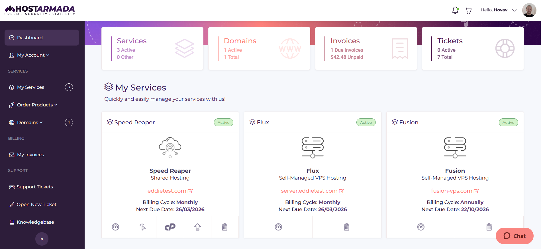HostArmada client area dashboard for reseller hosting customers