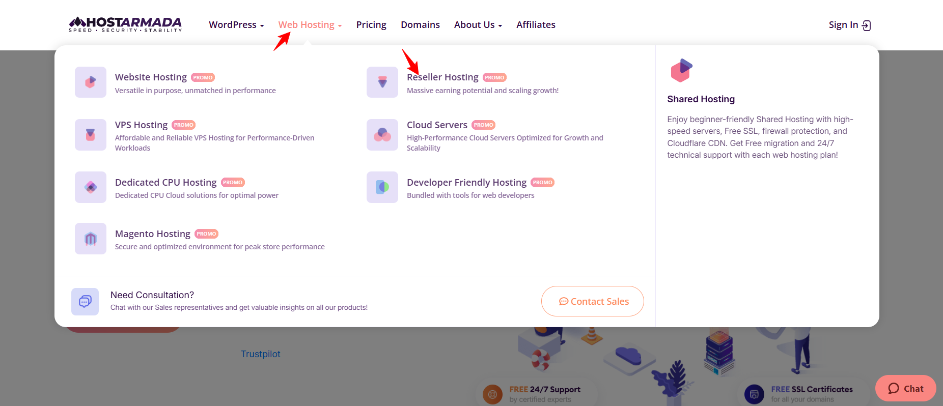 HostArmada navigation menu showing reseller hosting option