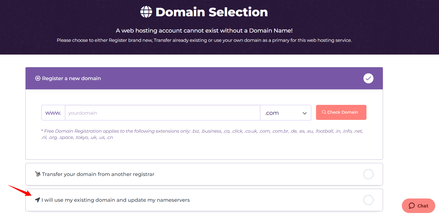 HostArmada reseller hosting domain selection page