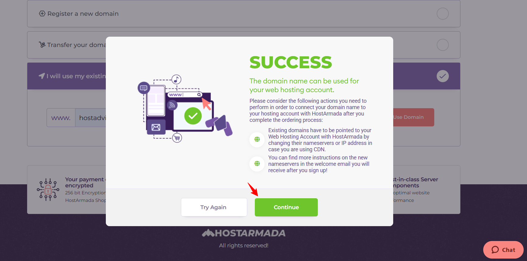 HostArmada domain confirmation popup during reseller hosting signup