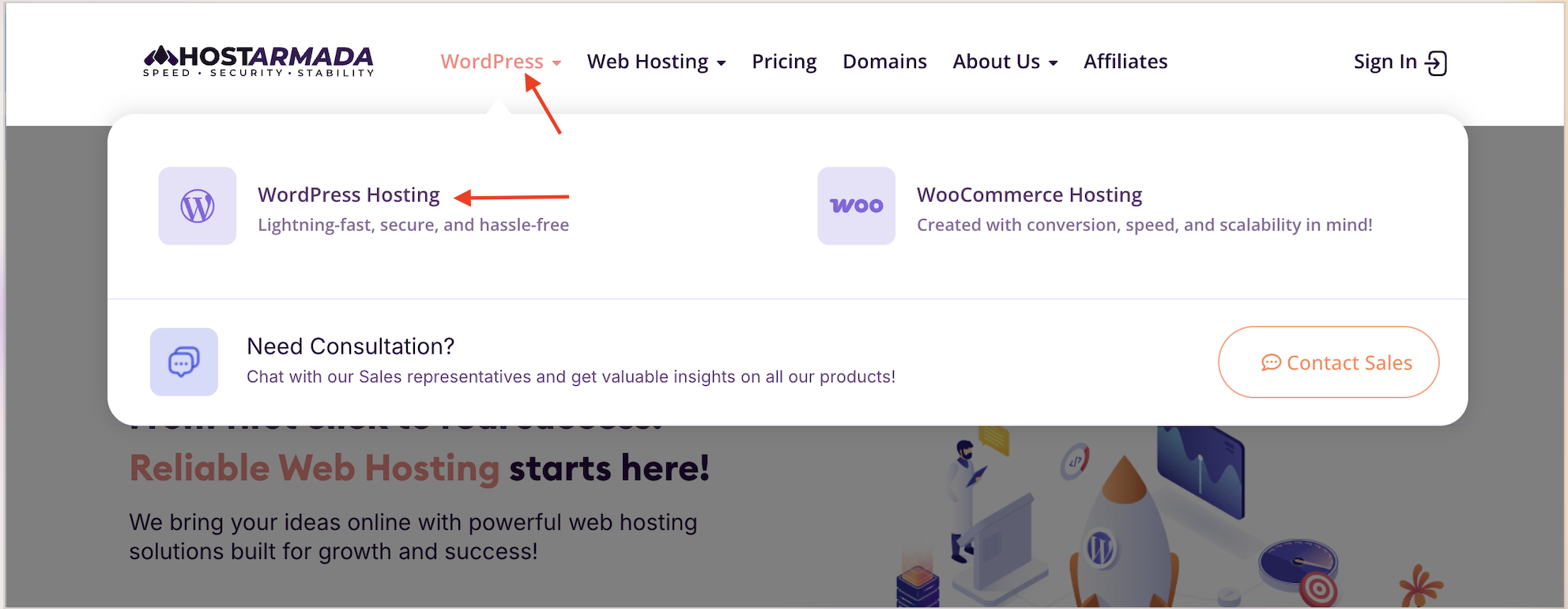 WordPress Hosting option in HostArmada main navigation