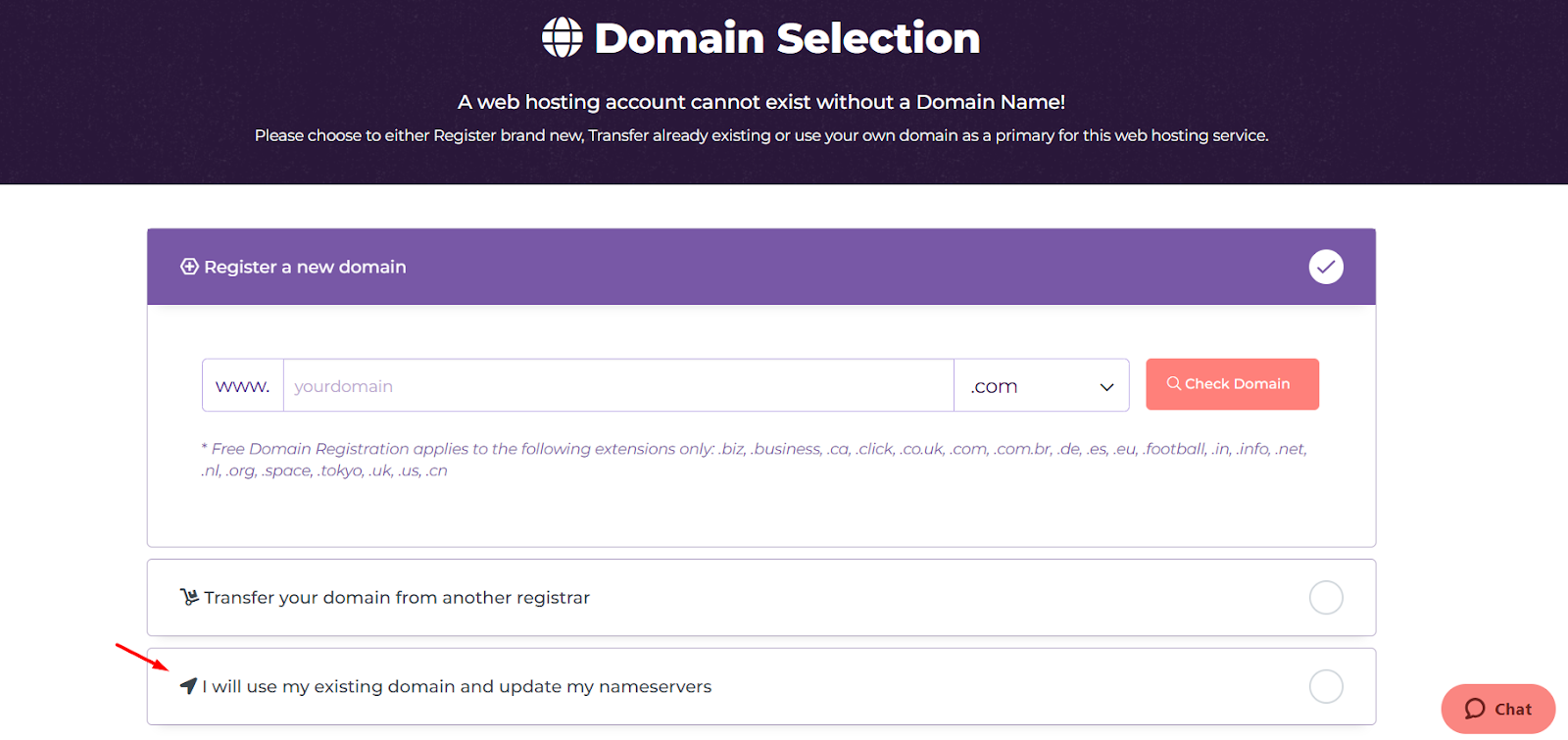 Domain selection step during HostArmada WordPress hosting signup