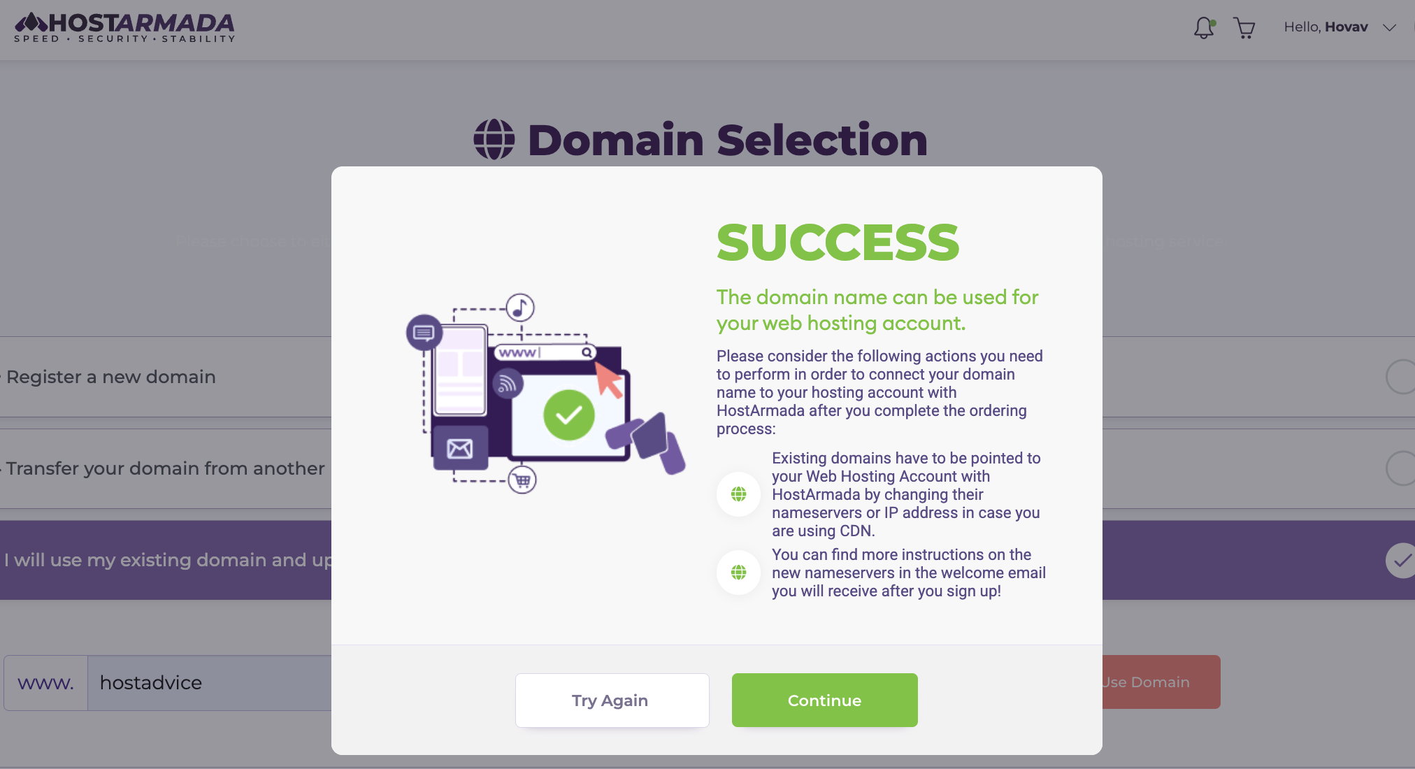 Domain accepted confirmation during HostArmada signup