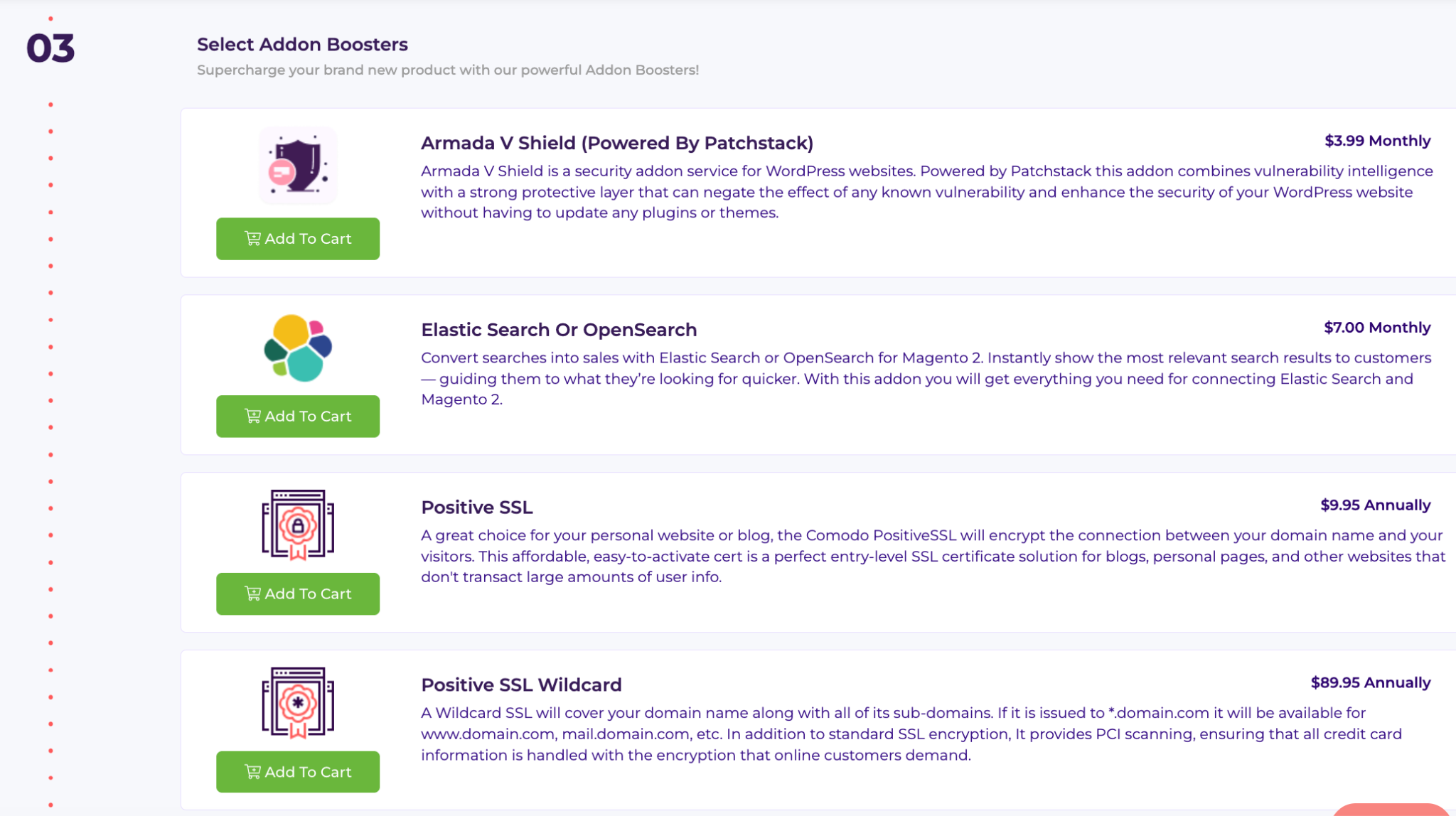 Addon Boosters section during HostArmada WordPress hosting signup