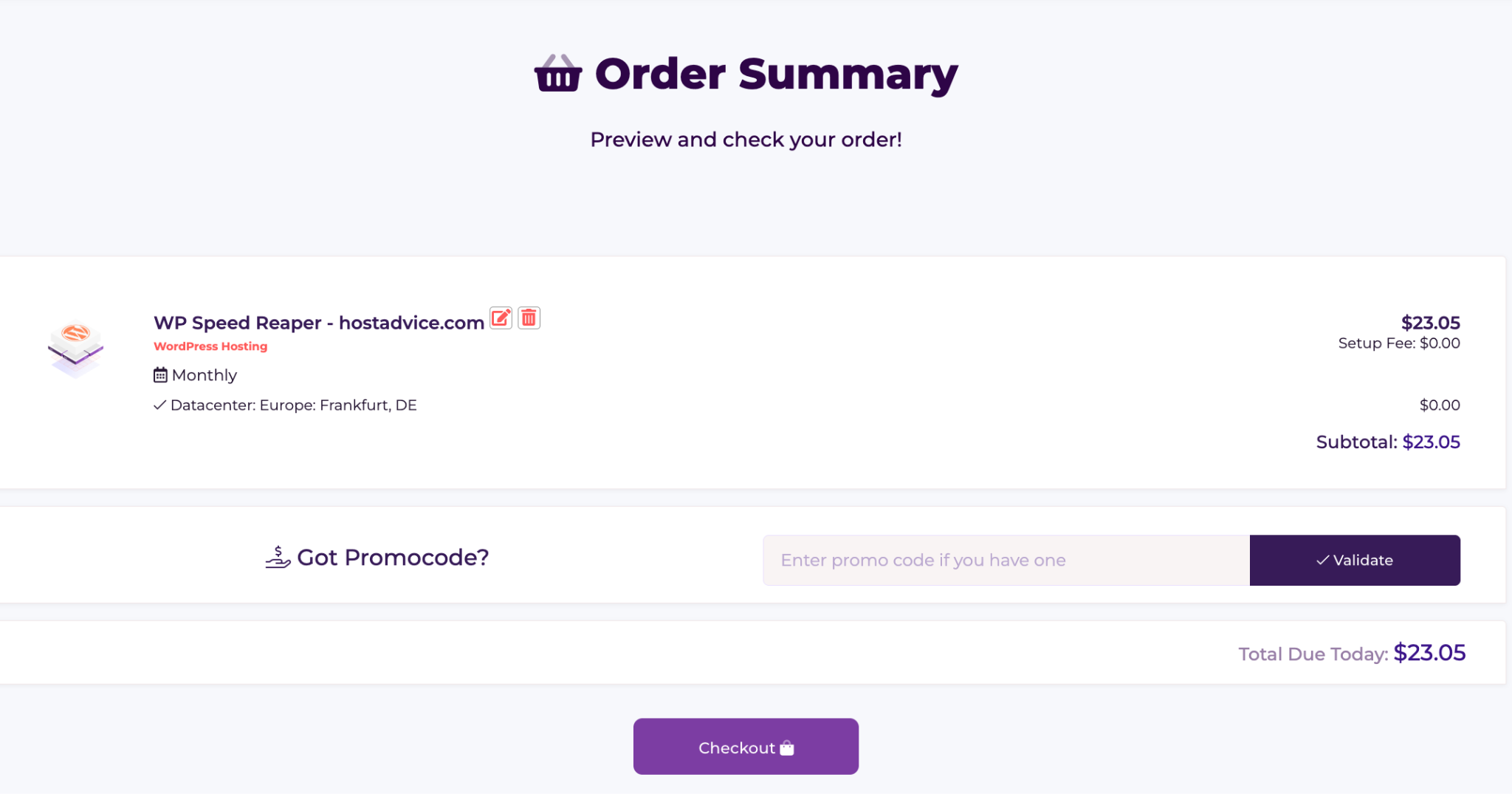 HostArmada checkout page with order summary and payment methods