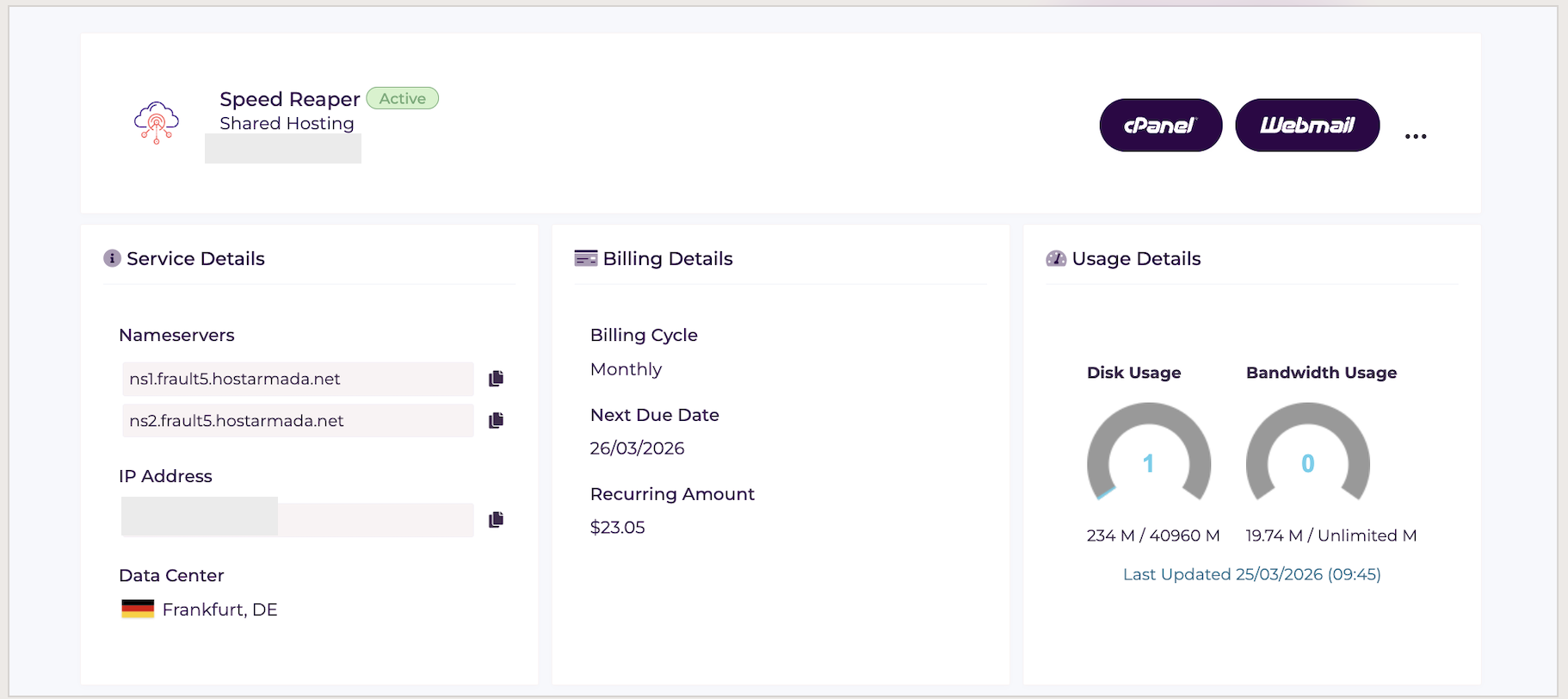 HostArmada WordPress hosting service details and usage overview