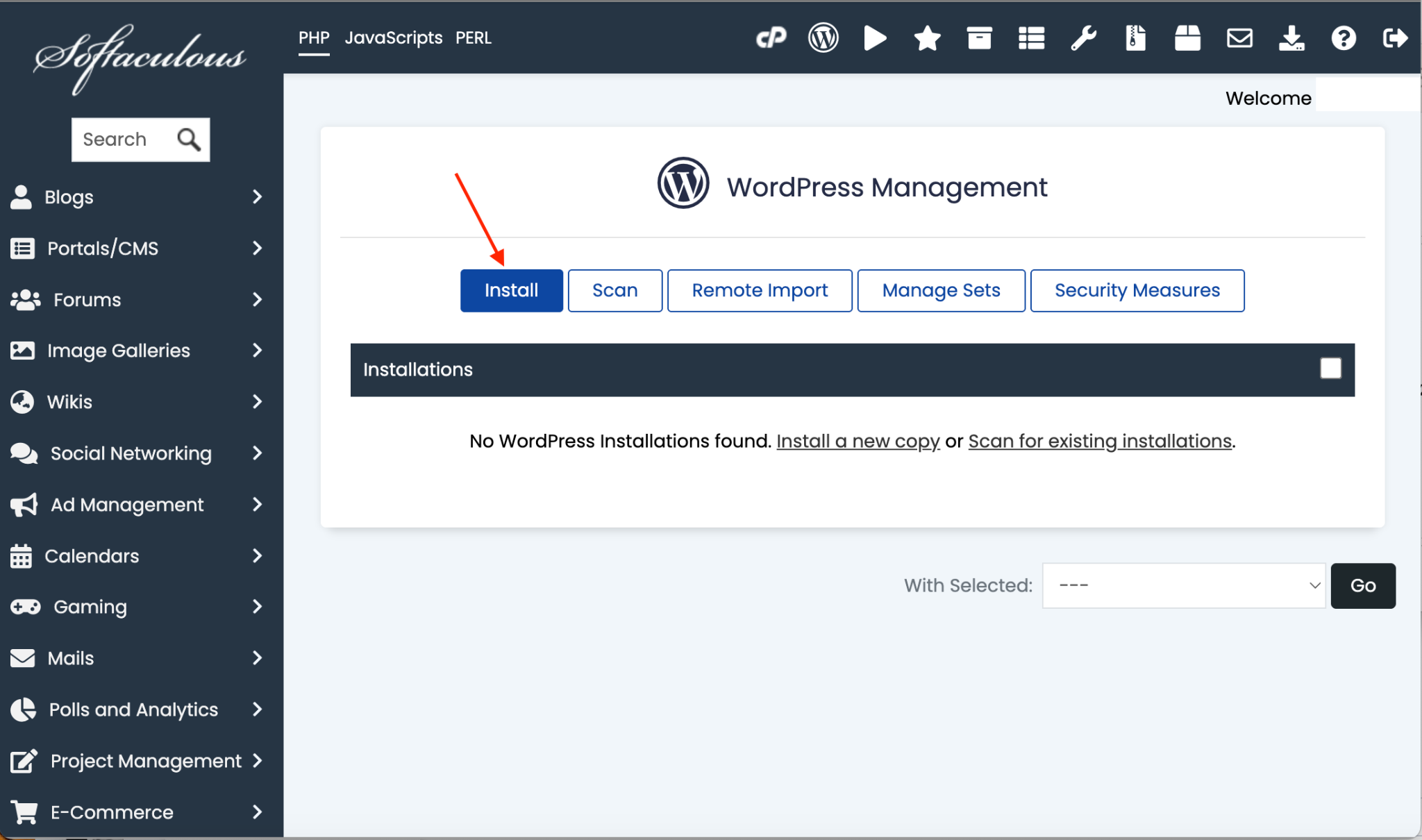 Softaculous WordPress installation form