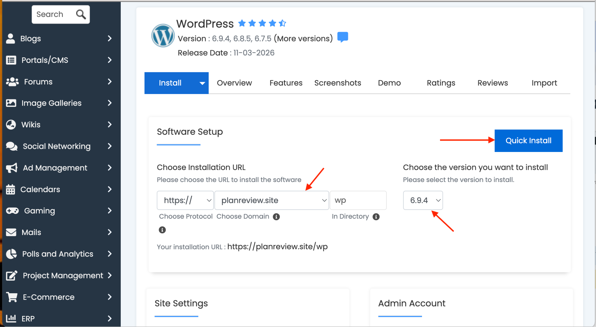 Softaculous quick WordPress installation completed