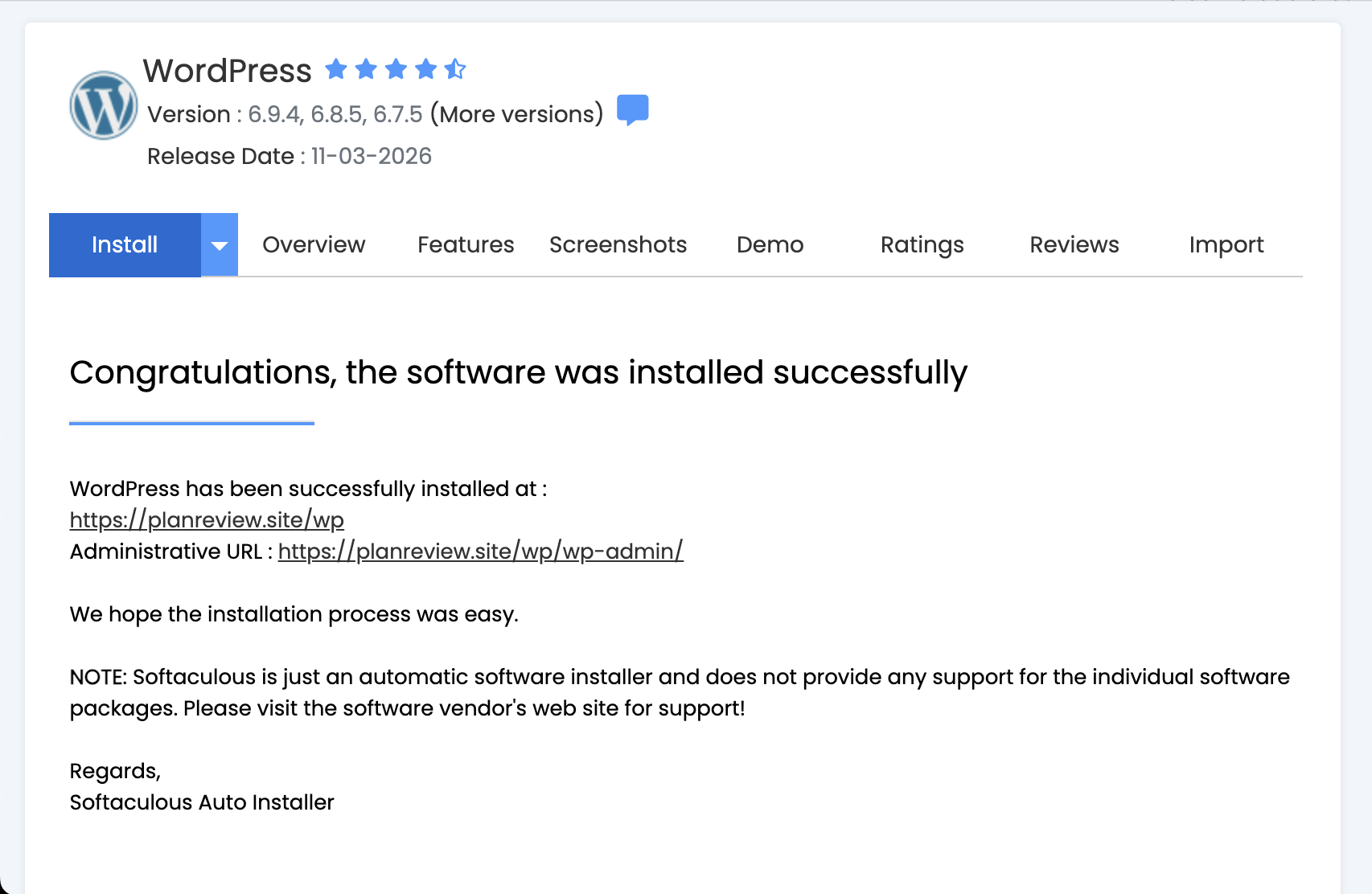WordPress installation success message with login credentials